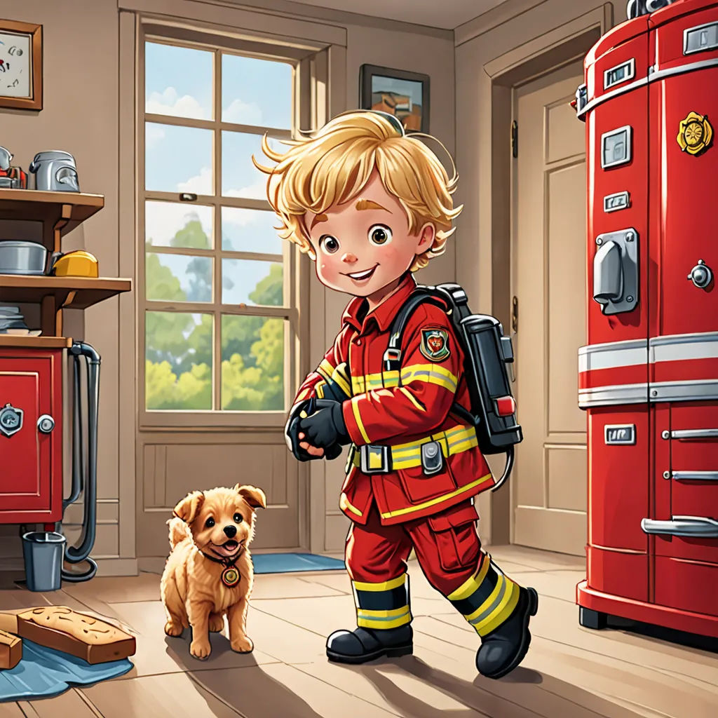 a boy in a fireman's uniform is walking with a dog in a kitchen with a red refrigerator, american scene painting, a storybook illustration, Bob Byerley, highly detailed digital painting