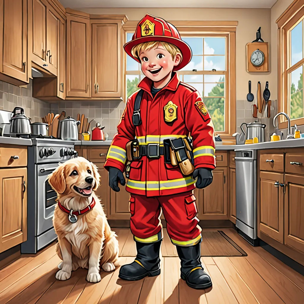 a boy in a fireman's uniform standing next to a dog in a kitchen with a stove, american scene painting, a storybook illustration, Bob Byerley, highly detailed digital painting