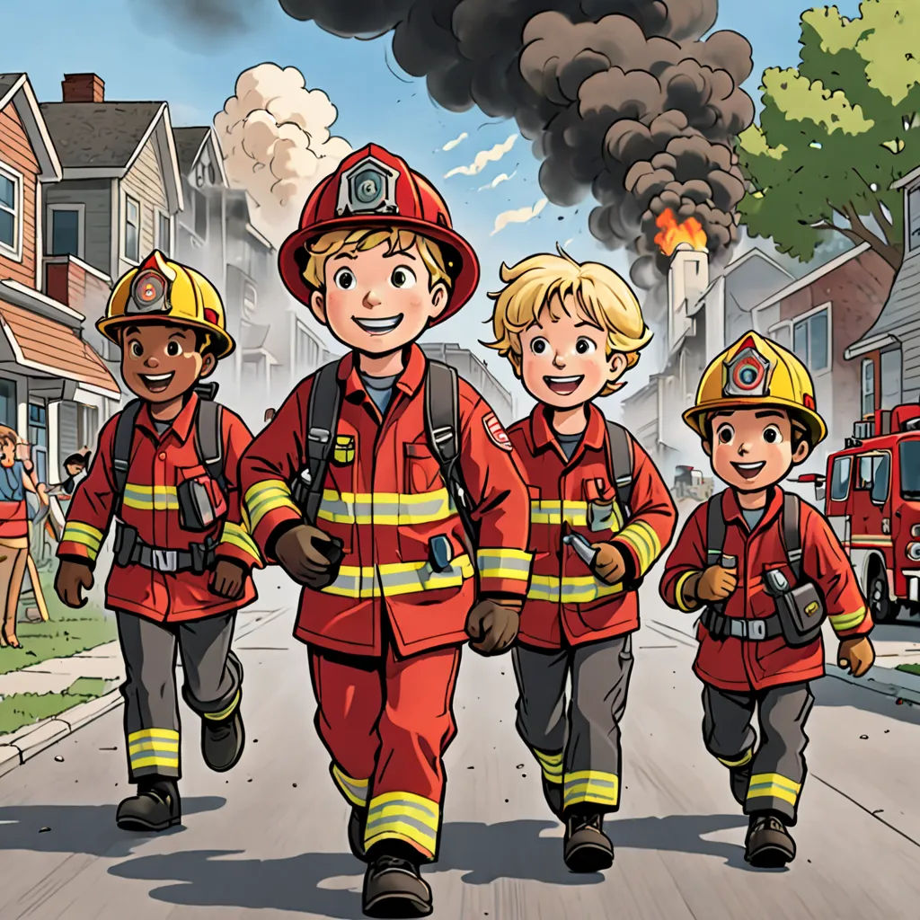 a group of children walking down a street with fire fighters on the side of the road behind them and a fire truck in the background, lyco art, a comic book panel, Bob Byerley, official art