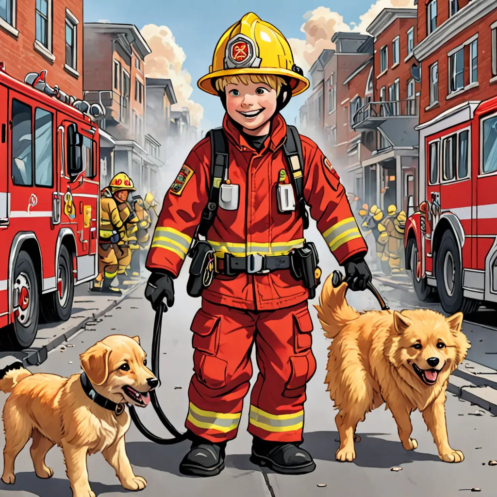 a firefighter is walking two dogs on a leash in front of a fire truck and firemen in the background, furry art, a storybook illustration, Bob Byerley, highly detailed digital art