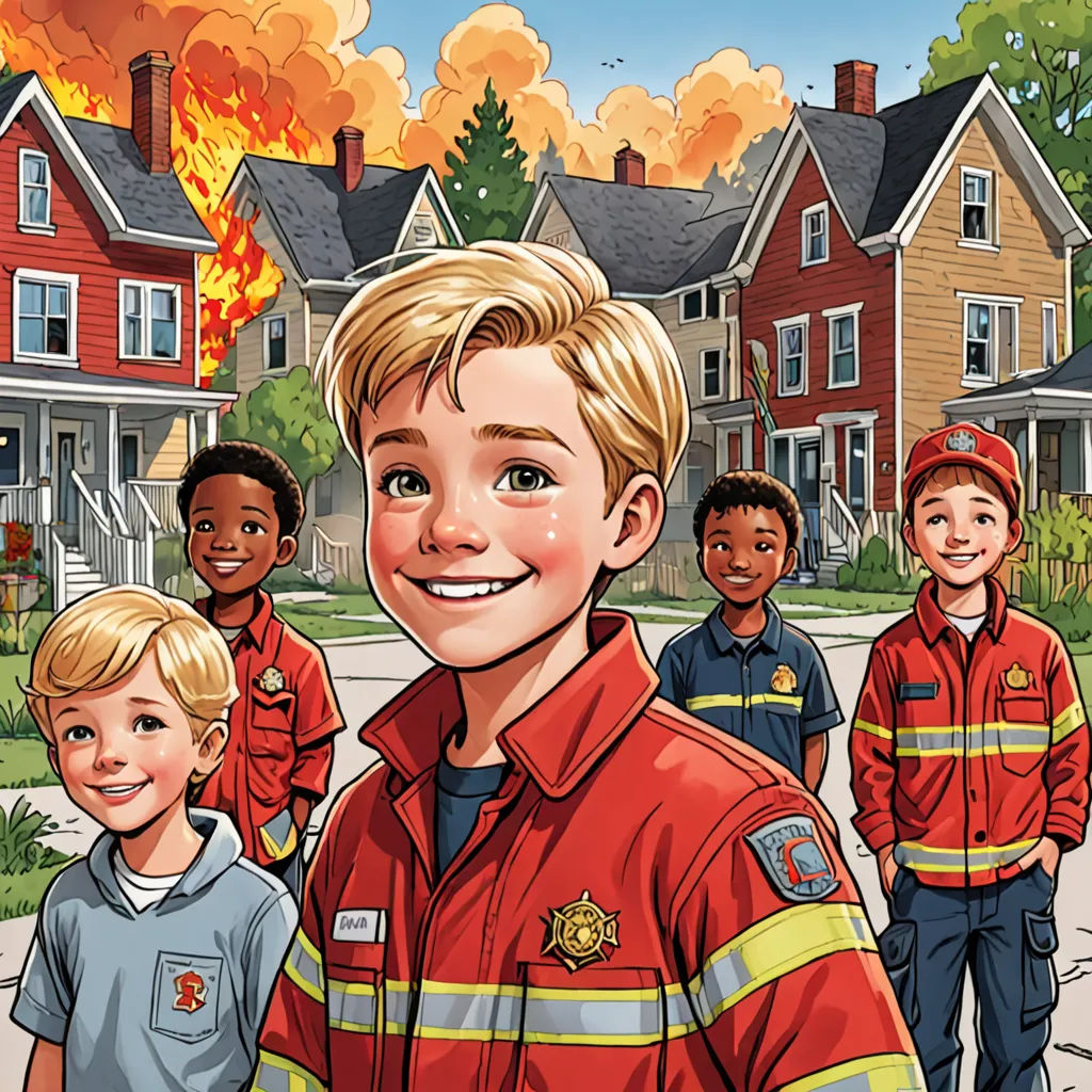 a cartoon of a fireman standing in front of a fire with a group of children in front of him, american realism, a comic book panel, Bob Byerley, comic cover art