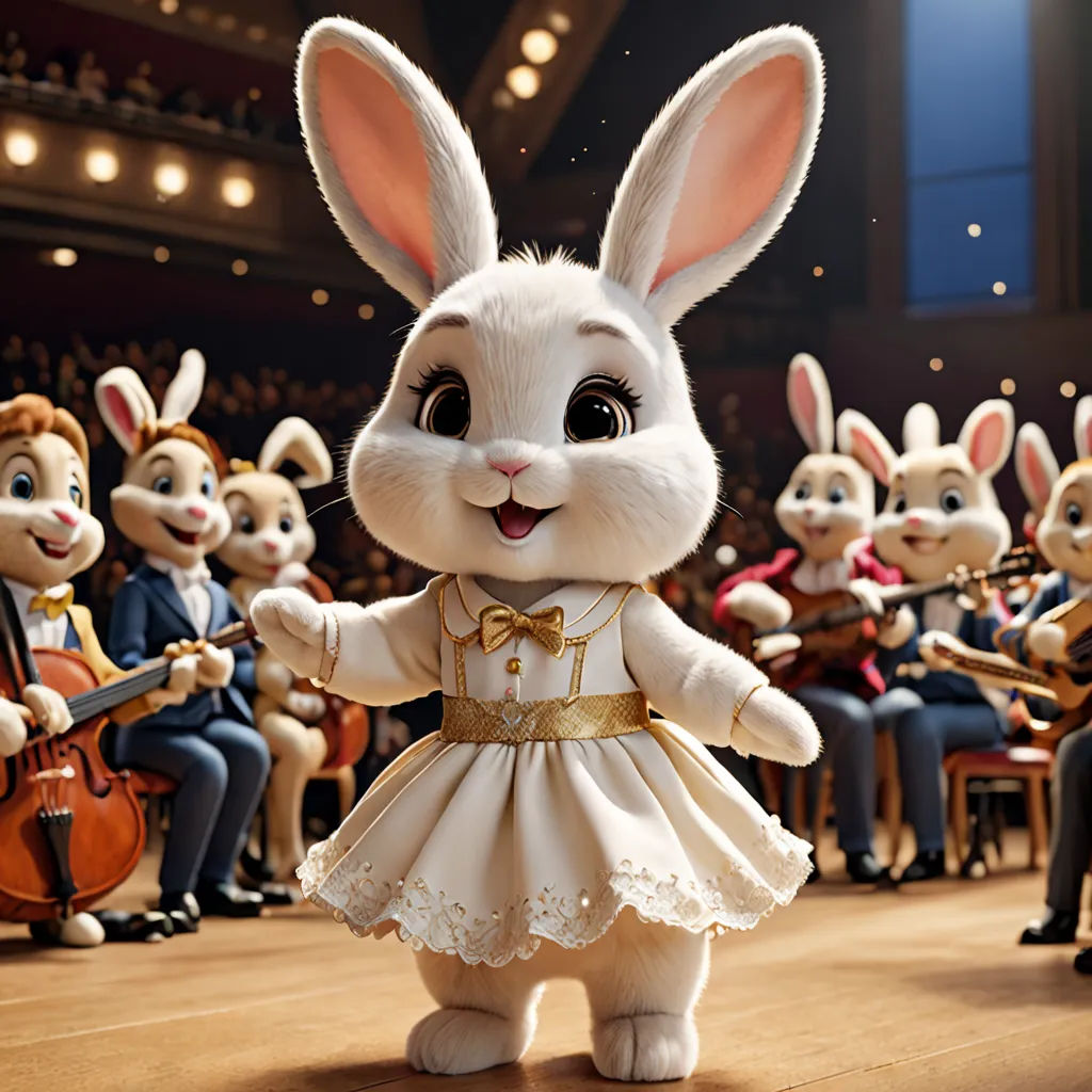a group of rabbits in a concert with a girl in a white dress and a violin player in the foreground, furry art, a 3D render, Beatrix Potter, promotional image