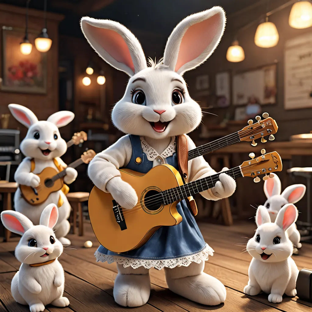 a rabbit playing a guitar while other rabbits play the guitar in a restaurant with lights on the ceiling and a table, furry art, a 3D render, Chris LaBrooy, unreal engine 5 quality render