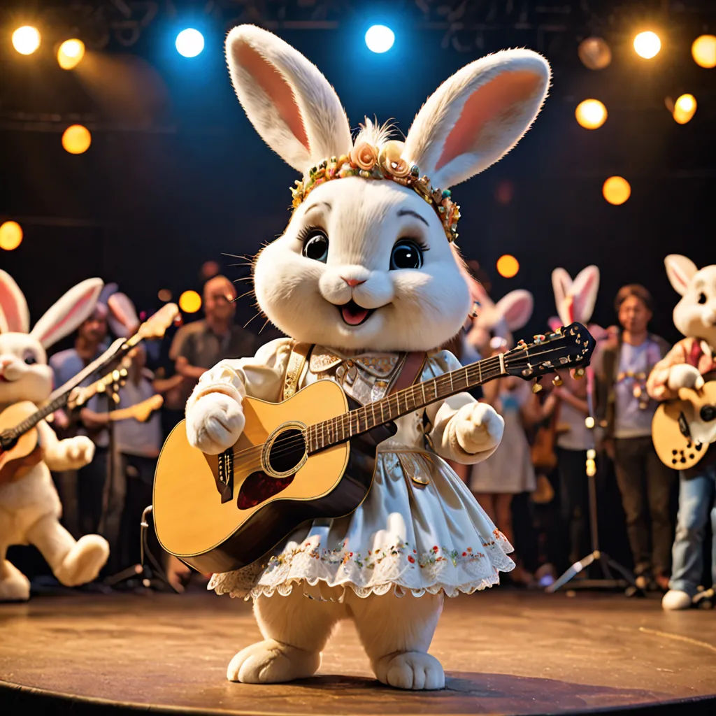a group of people standing around a bunny with a guitar and a bunny with a crown on it's head, kitsch movement, a flemish Baroque, Beatrix Potter, promotional image