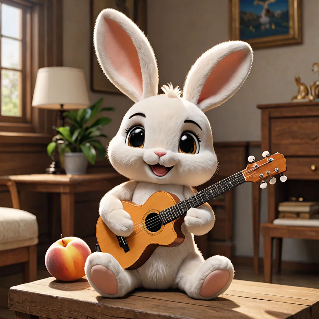 a white rabbit holding a guitar and sitting on a table in a room with a lamp and a table lamp, furry art, a character portrait, Beatrix Potter, unreal engine 5 quality render
