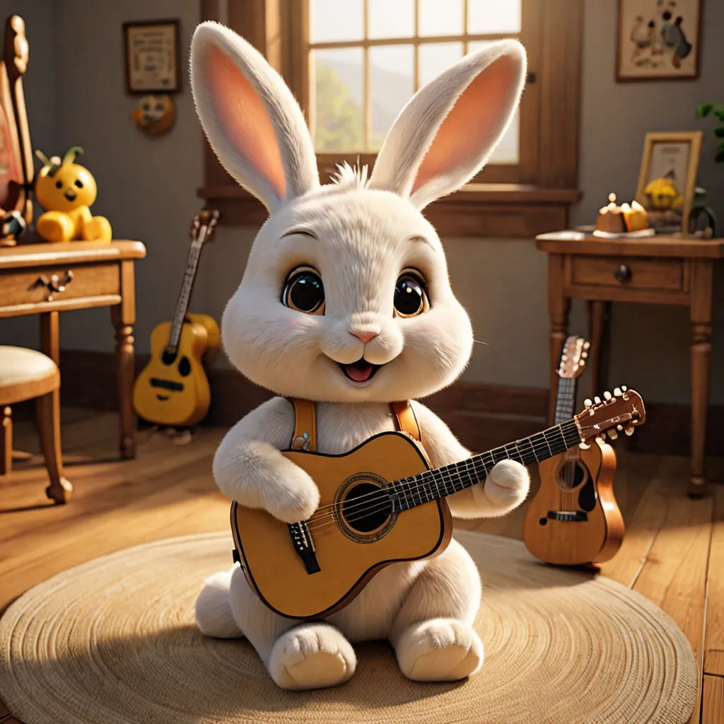 a white rabbit holding a guitar in a room with a table and chairs in the background and a window, furry art, an ambient occlusion render, Beatrix Potter, unreal engine 5 quality render