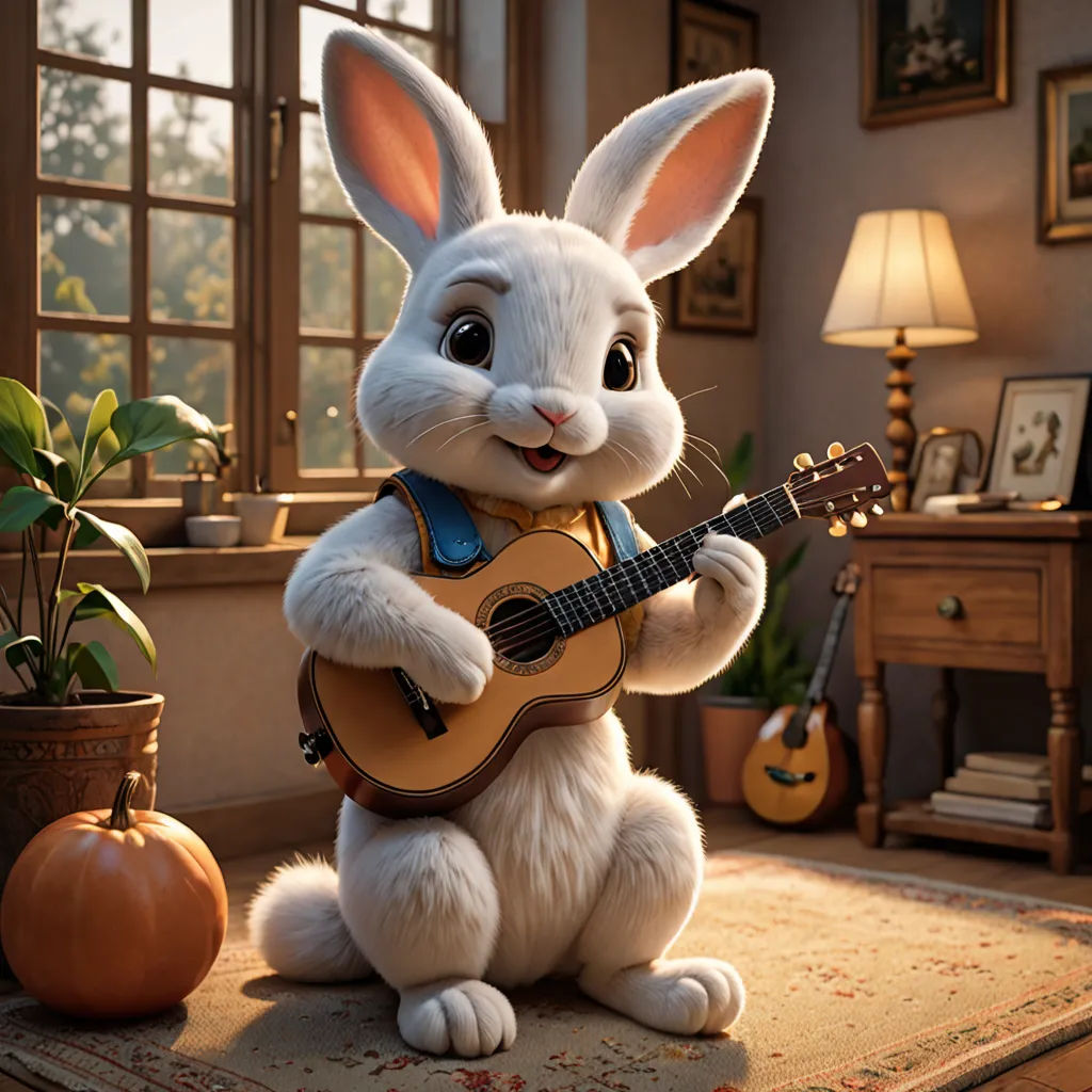 a white rabbit playing a guitar in a room with a potted plant and a window behind it,, furry art, a 3D render, Chris LaBrooy, unreal engine 5 quality render