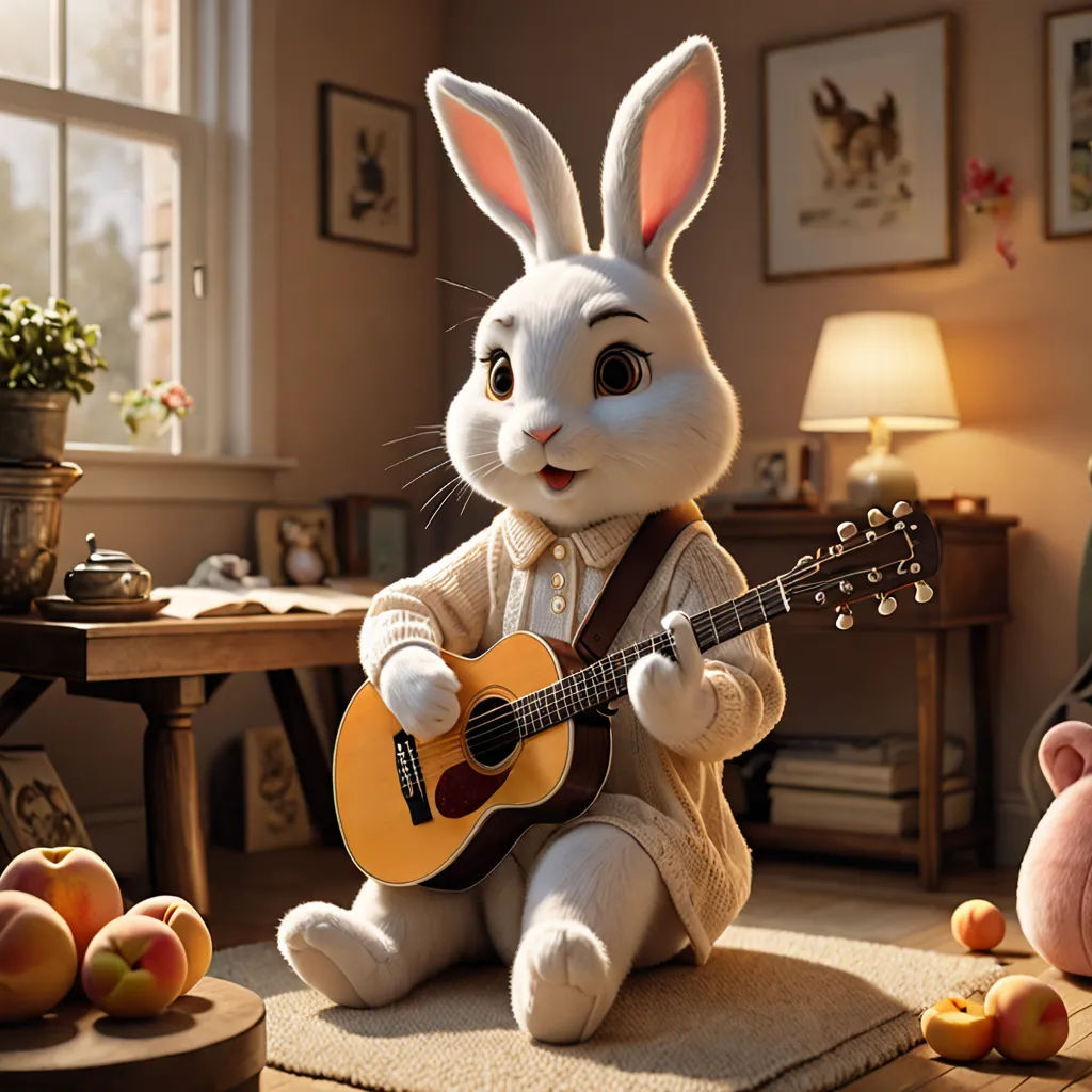 a rabbit playing a guitar in a living room with a stuffed animal rabbit next to it and a stuffed pig, furry art, a 3D render, Beatrix Potter, unreal engine 5 quality render