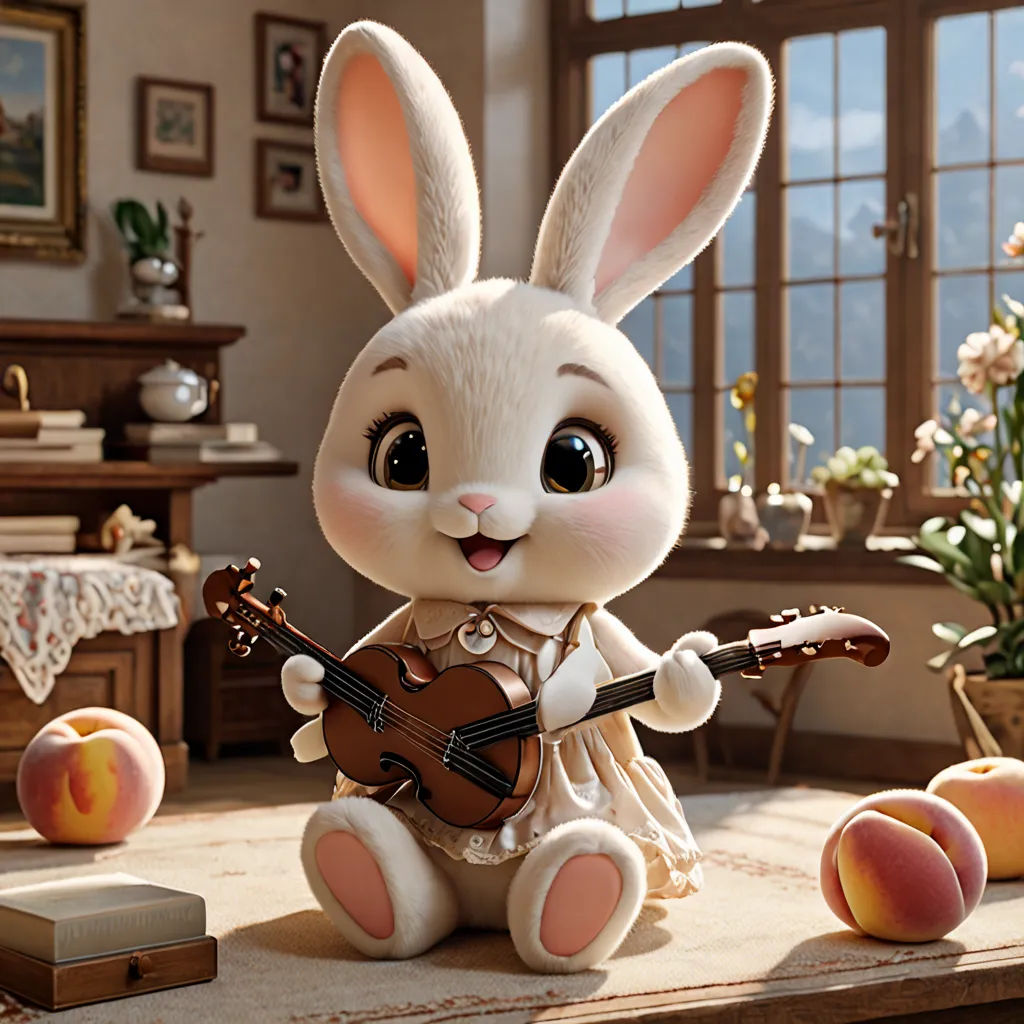 a rabbit playing a violin in a room with peaches and a table with a vase of flowers and a window, furry art, a character portrait, Beatrix Potter, unreal engine 5 quality render