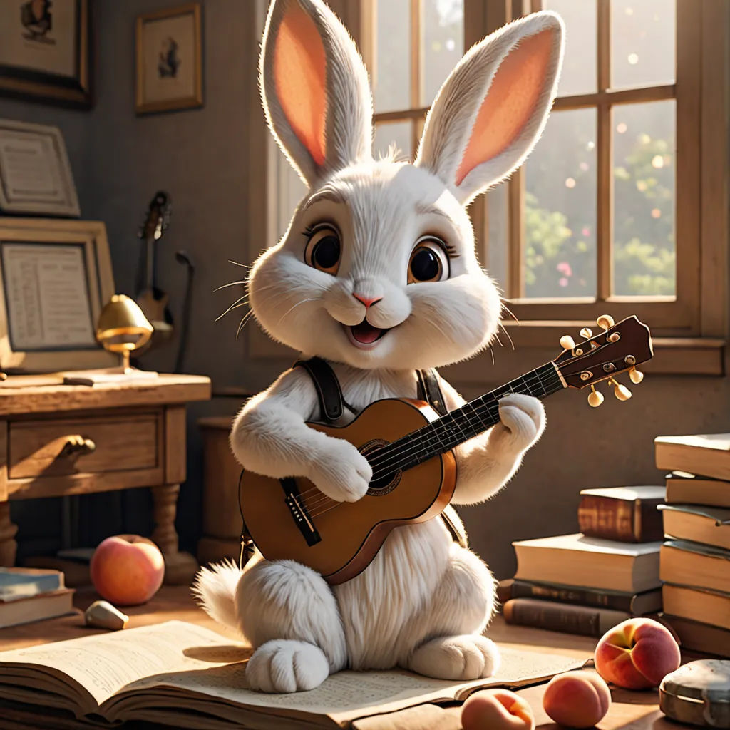 a white rabbit playing a guitar in a room with books and apples on the floor and a window behind it, furry art, a 3D render, Beatrix Potter, unreal engine 5 quality render