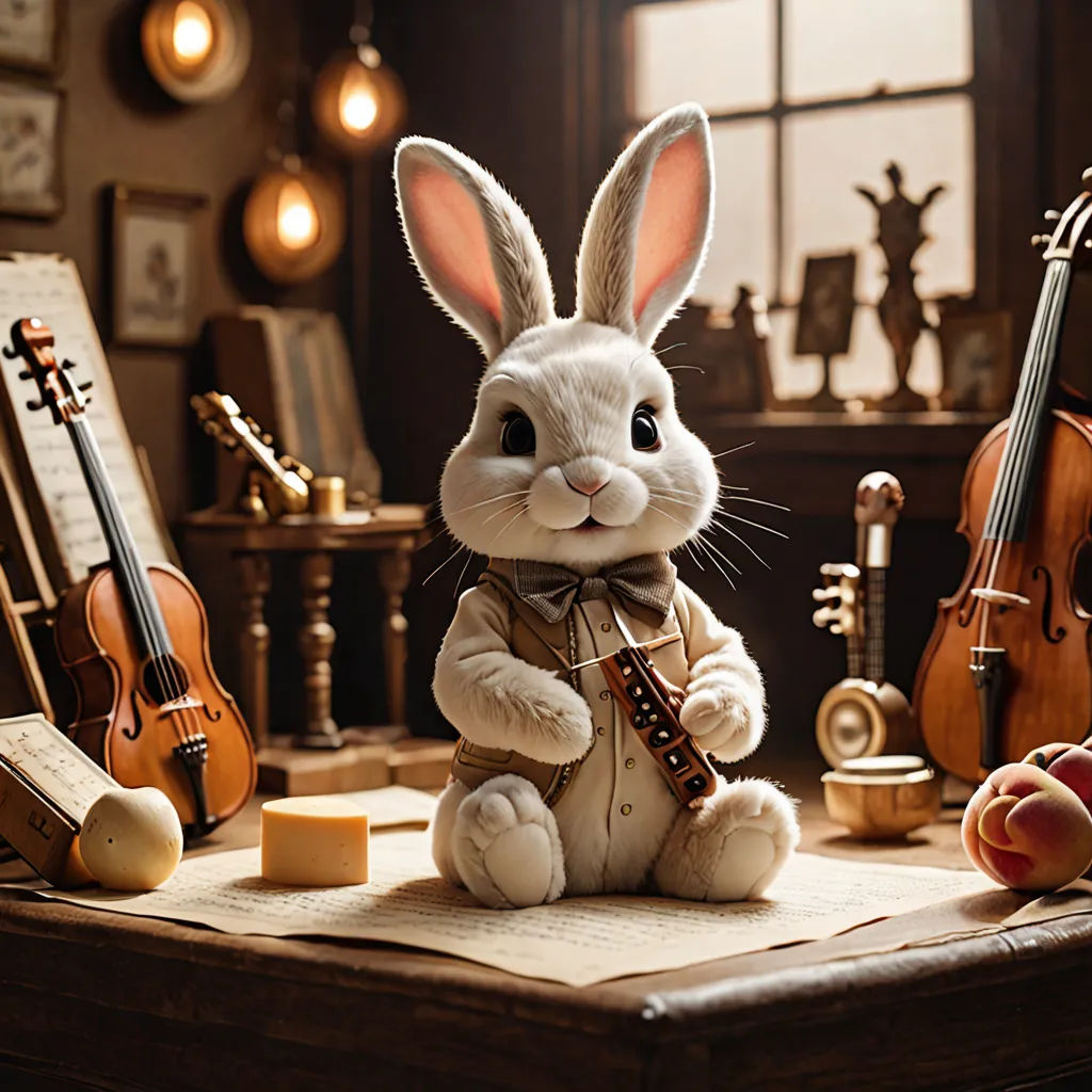 a stuffed rabbit sitting on top of a table next to musical instruments and a violin on a table top, furry art, a storybook illustration, Beatrix Potter, rossdraws global illumination
