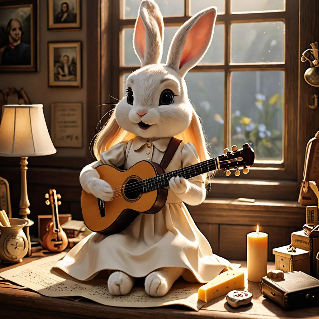 a rabbit playing a guitar in a room with a window and a lamp on the table next to it, furry art, a character portrait, Beatrix Potter, promotional image