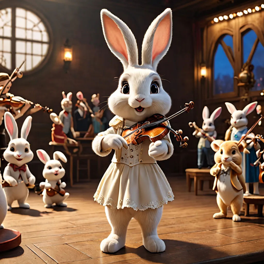 a group of rabbits playing violin in a room with people in costume and rabbits in costume playing instruments and singing, furry art, a flemish Baroque, Beatrix Potter, promotional image