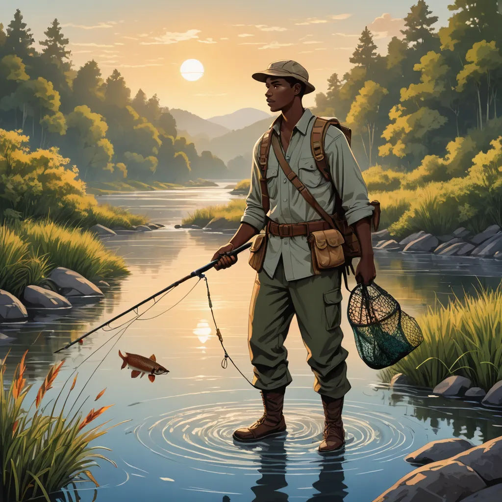 a man standing in a river holding a fishing net and a fish in his hand while holding a fishing pole, american scene painting, a storybook illustration, Alvan Fisher, official art
