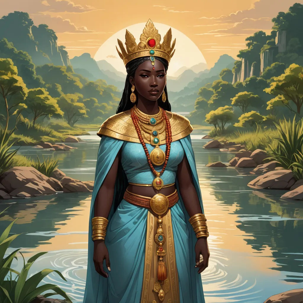 a woman in a blue dress and gold crown standing in front of a river with a sunset in the background, fantasy art, a character portrait, Chinwe Chukwuogo-Roy, game art