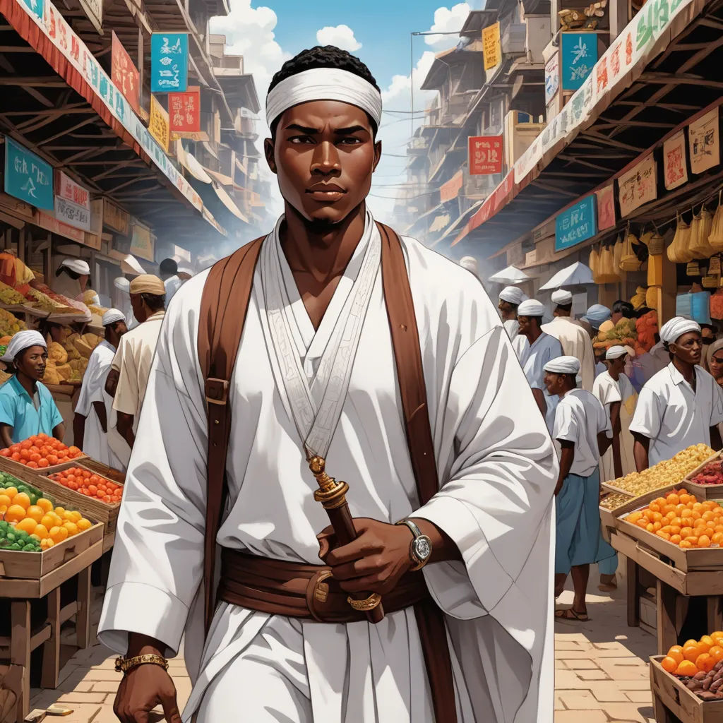 a man in a white outfit is standing in a market with a stick in his hand and a lot of oranges, afrofuturism, a character portrait, Clint Cearley, orientalism