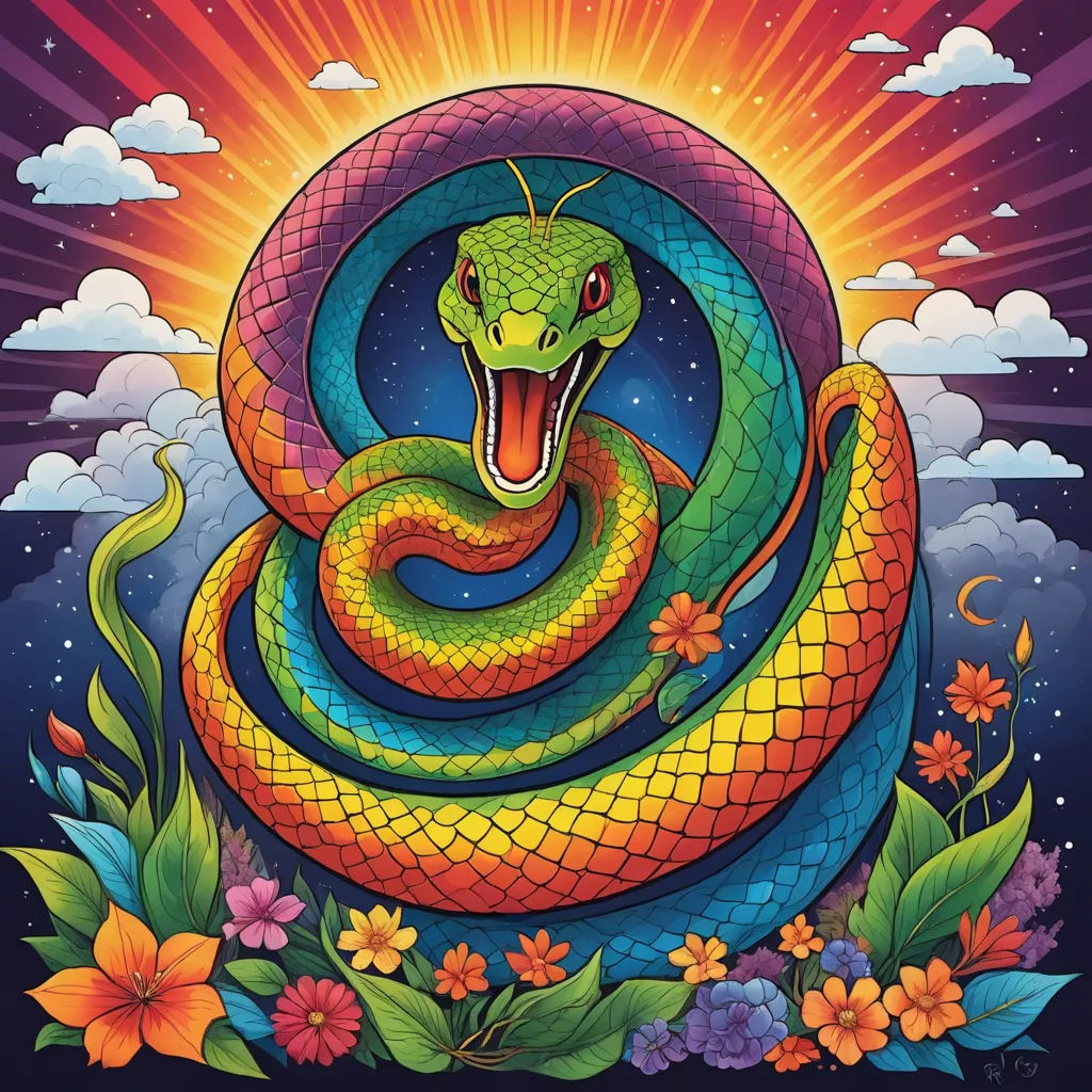 a painting of a snake with a sun in the background and flowers around it, with a sky background, cobra, a detailed painting, Dan Mumford, tristan eaton