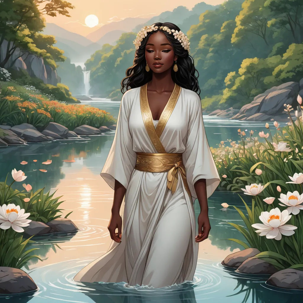 a woman in a white dress standing in a river with flowers in her hair and a gold belt around her neck, fantasy art, a painting, Charlie Bowater, kinkade