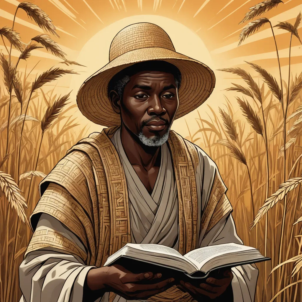 a man in a straw hat is reading a book in a field of wheat with the sun in the background, afrofuturism, a character portrait, Americo Makk, highly detailed digital painting