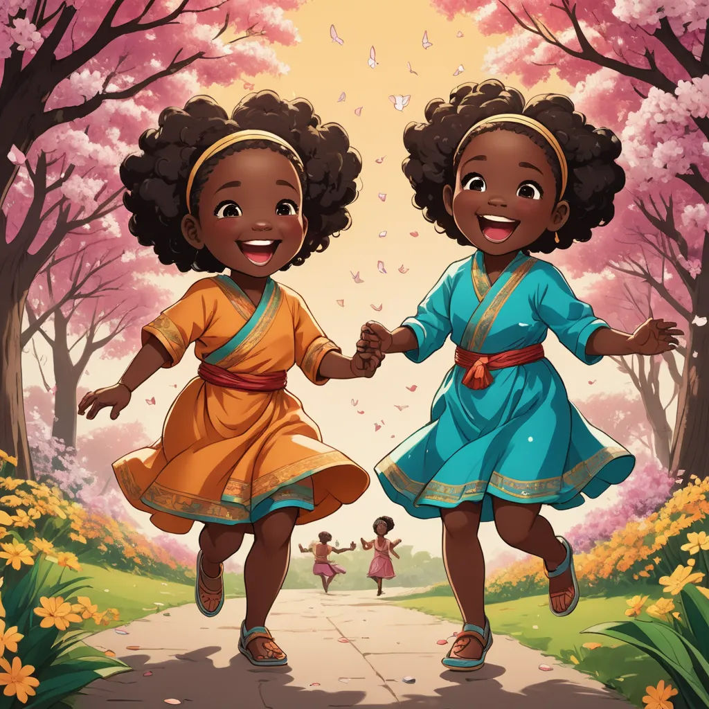 two young girls are running down a path in the park holding hands and smiling at each other with a pink blossom tree in the background, afrofuturism, a storybook illustration, Chinwe Chukwuogo-Roy, official art