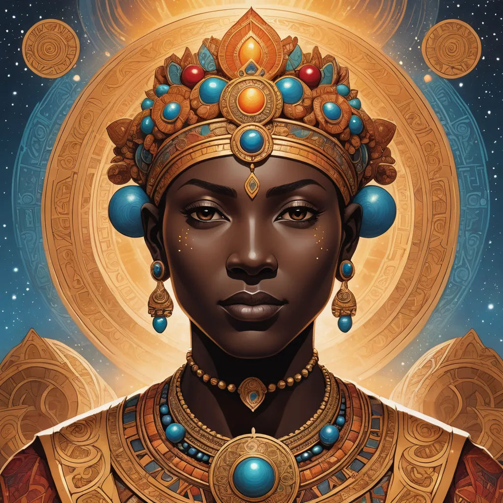 a painting of a woman wearing a gold headdress and a golden crown with jewels on her head, afrofuturism, a painting, Chinwe Chukwuogo-Roy, trending on art station