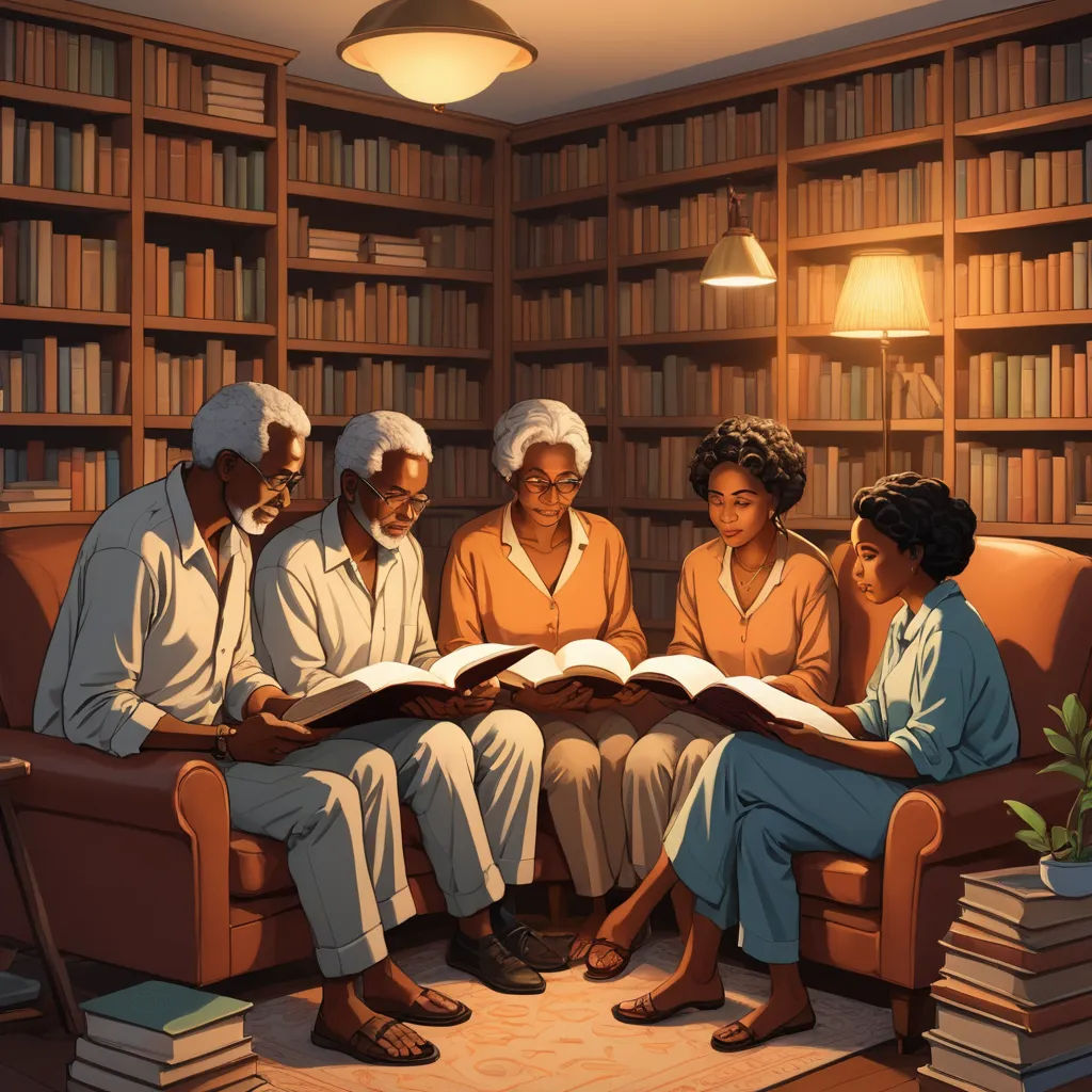 a painting of a group of people reading a book together in a library with a lamp on the far wall, harlem renaissance, a storybook illustration, Ernie Barnes, highly detailed digital painting