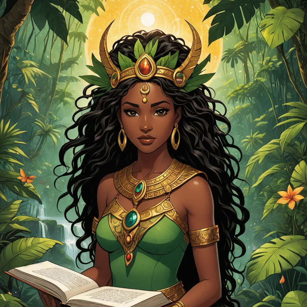 a woman in a green dress holding a book in a jungle with a sun in her hair and a crown on her head, fantasy art, a character portrait, Art of Brom, magic the gathering artwork