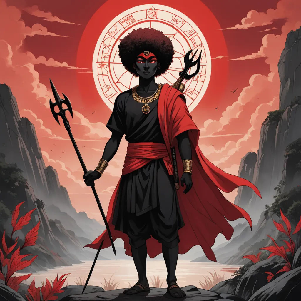 a man with a black hair and a red cape holding a staff and a red sun behind him, standing on a rock, afrofuturism, a character portrait, Ella Guru, epic fantasy character art
