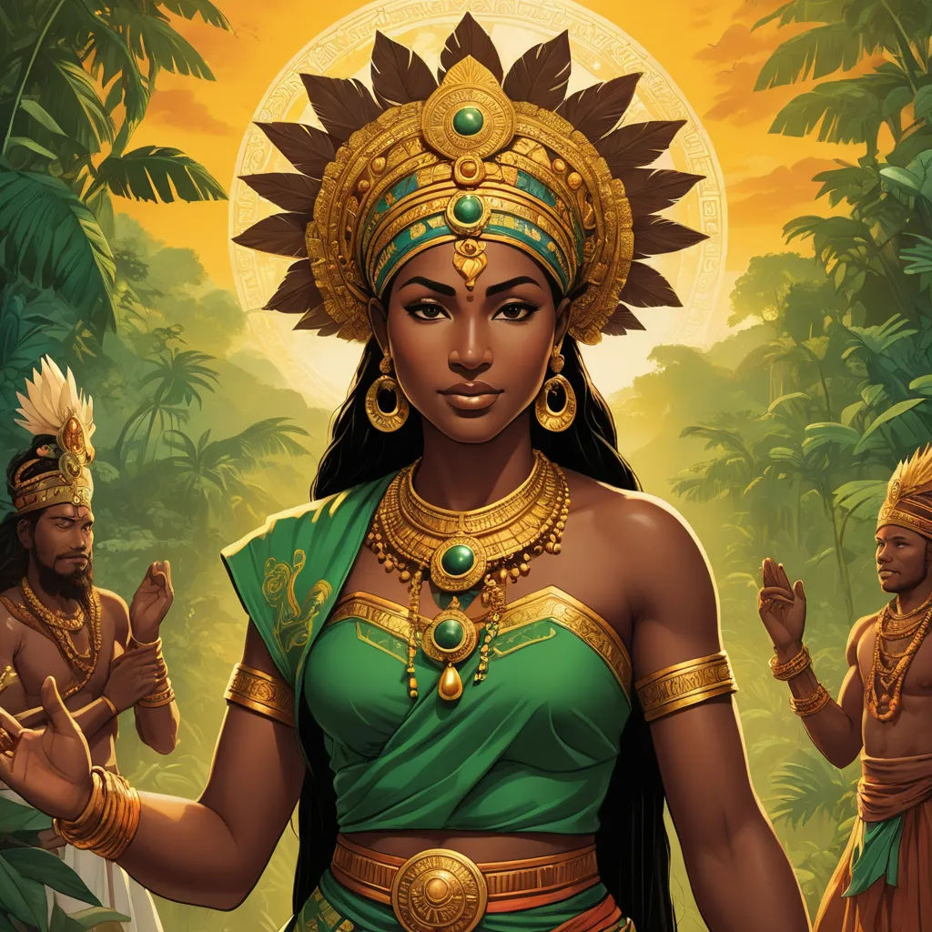 a woman in a green dress standing in front of a forest with two other women in costume and jewelry, fantasy art, a detailed painting, Ella Guru, magic the gathering artwork