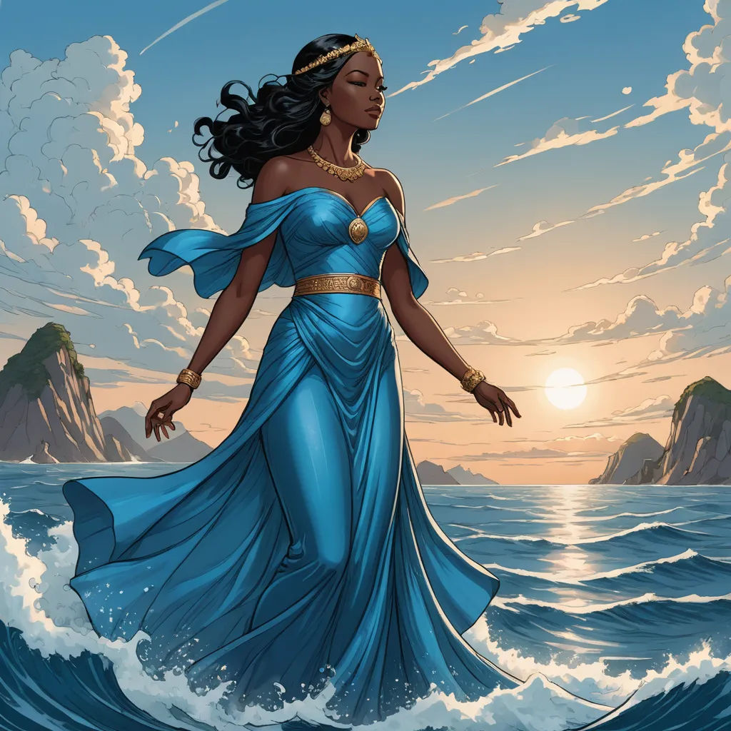 a woman in a blue dress standing on a wave in the ocean with a sunset in the background and a mountain in the distance, fantasy art, a comic book panel, Art of Brom, comic cover art