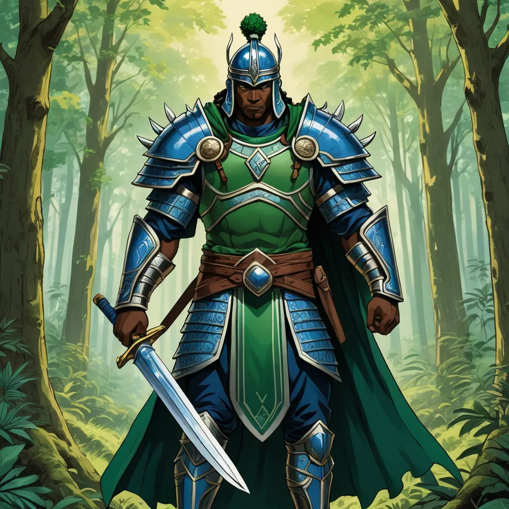 a man in a green and blue suit holding a sword in a forest with trees and bushes behind him, fantasy art, a character portrait, Cedric Seaut (Keos Masons), epic fantasy character art