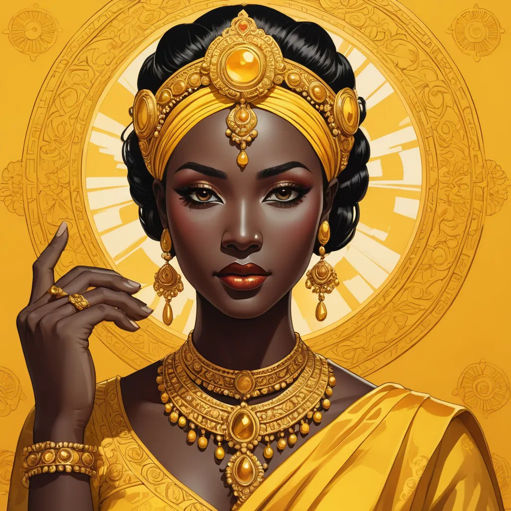 a woman in a golden outfit with a golden necklace and earrings on her head and a golden halo around her neck, afrofuturism, a digital painting, Chinwe Chukwuogo-Roy, trending on art station