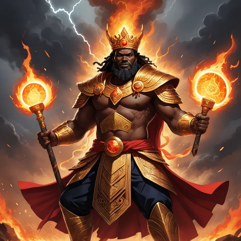 a man with a beard and a crown holding two torches in his hands and a lightning behind him, in a fiery sky, sumatraism, concept art, Altichiero, magic the gathering artwork