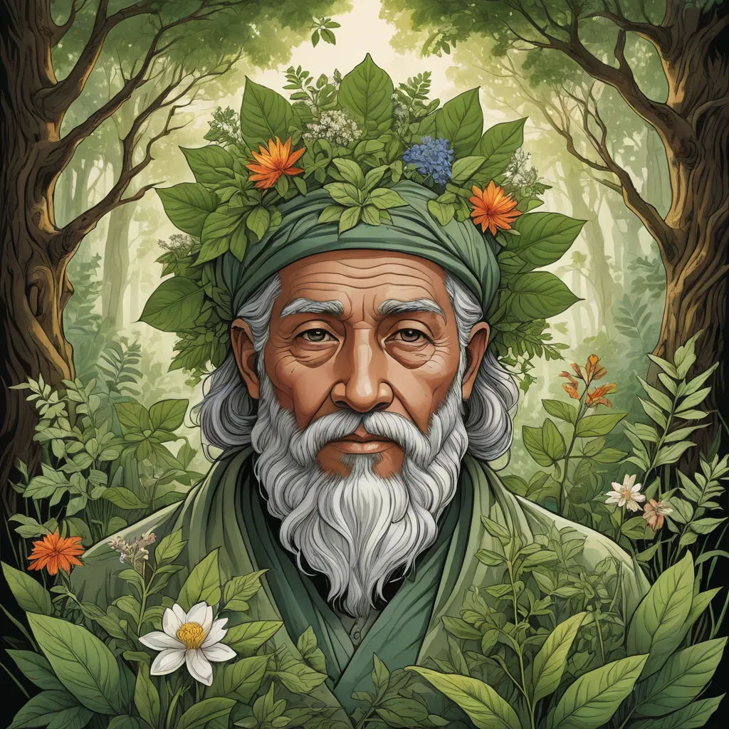 a painting of a man with a beard and a beard wearing a green hat and surrounded by flowers and leaves, fantasy art, a character portrait, Art Green, green