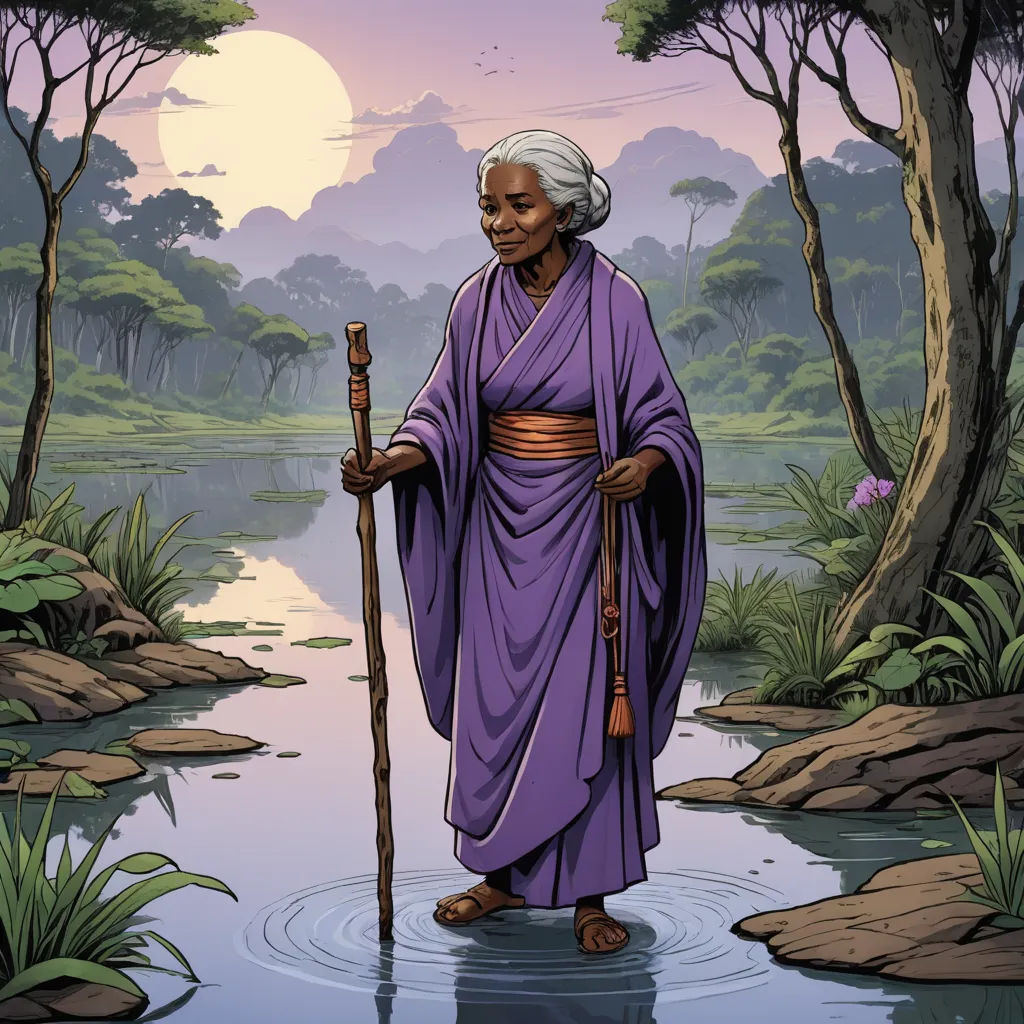 a painting of a person standing in a river with a stick in his hand and a tree in the background, afrofuturism, a character portrait, Ella Guru, character art