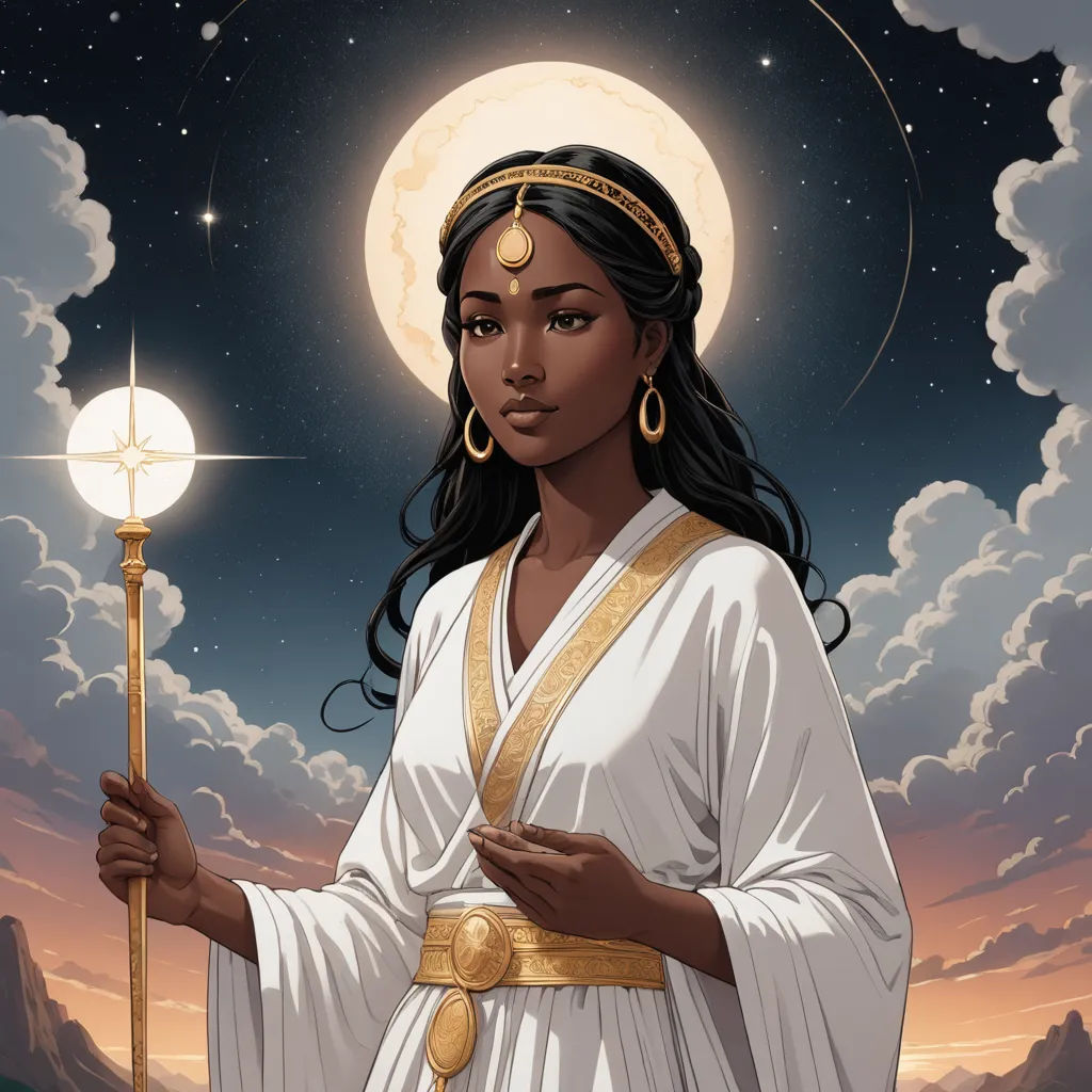 a woman in a white dress holding a light in her hand and a sky background with clouds and stars, afrofuturism, a character portrait, Ann Thetis Blacker, goddess