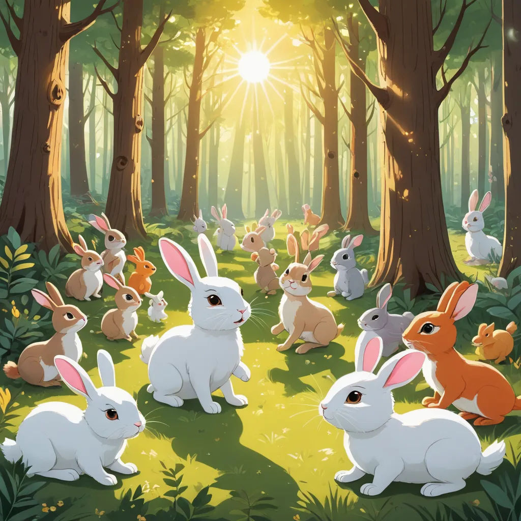 a group of rabbits sitting in the grass in a forest with trees and sun shining through the trees behind them, furry art, a storybook illustration, Chris LaBrooy, rossdraws global illumination