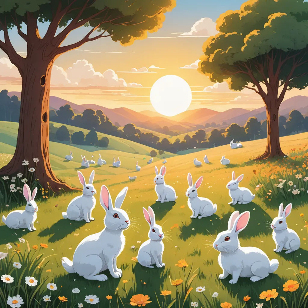 a painting of a group of rabbits in a field with trees and flowers in the background, with the sun setting behind them, magical realism, a storybook illustration, Chris LaBrooy, rossdraws global illumination