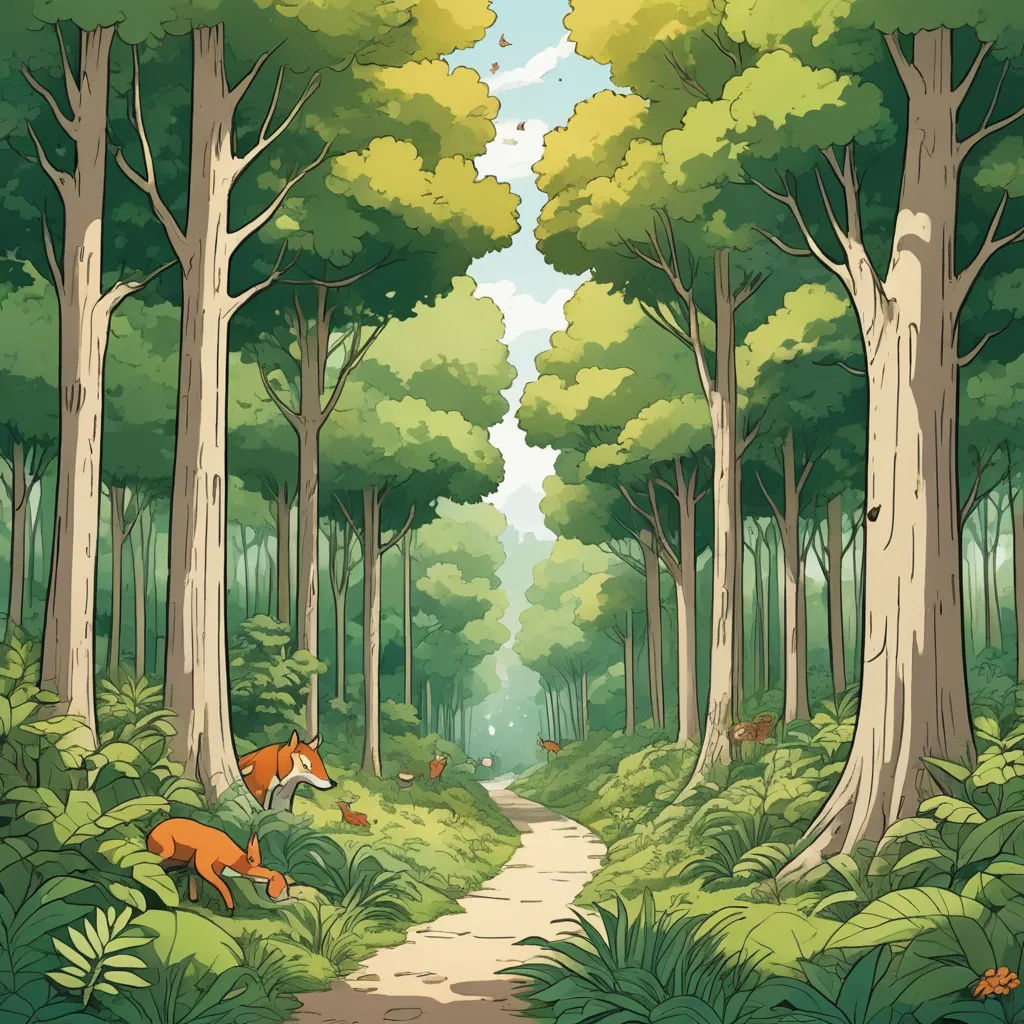 a cartoon scene of a forest with a path leading to a fox and a fox cub in the distance, environmental art, a storybook illustration, Chris LaBrooy, forest