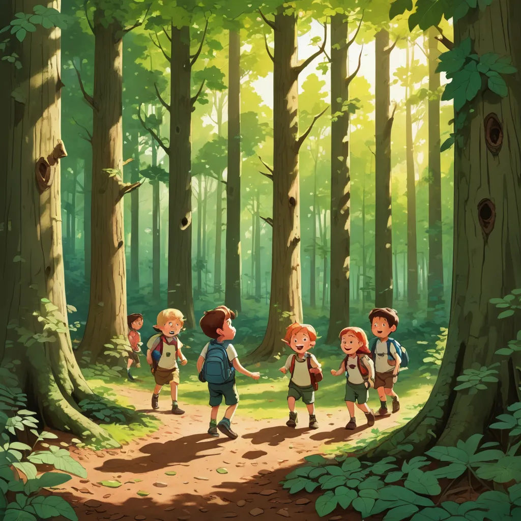 a group of children walking through a forest holding hands and holding hands with each other on a path between two large trees, environmental art, a storybook illustration, Diego Gisbert Llorens, storybook illustration
