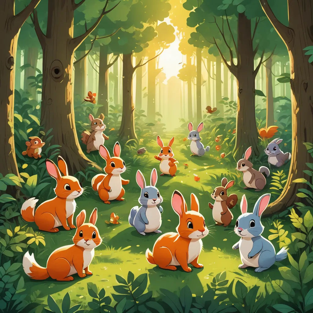 a group of rabbits in the forest with a sunbeam in the background and a forest scene with trees and grass, furry art, a storybook illustration, Dan Mumford, rossdraws global illumination