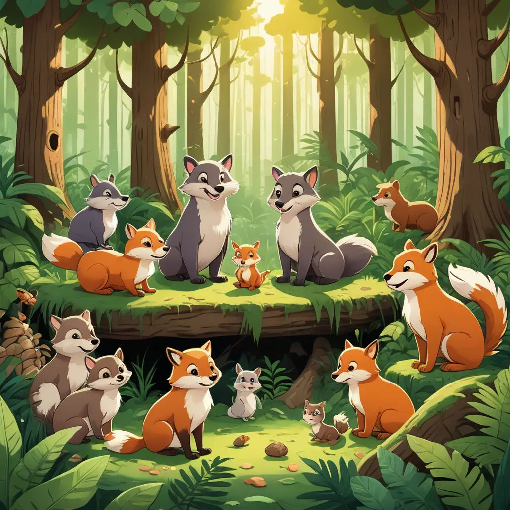 a group of foxes in the forest with a sunbeam in the background illustration by alex macinnes, furry art, a storybook illustration, Dan Mumford, official art