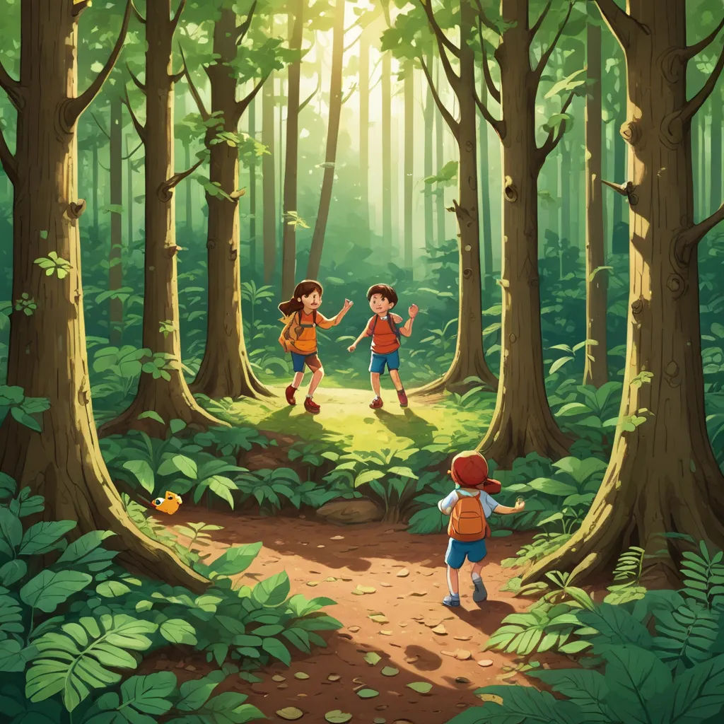 two children walking through a forest with trees and ferns on the ground, with sunlight shining through the trees, environmental art, a storybook illustration, Diego Gisbert Llorens, storybook illustration