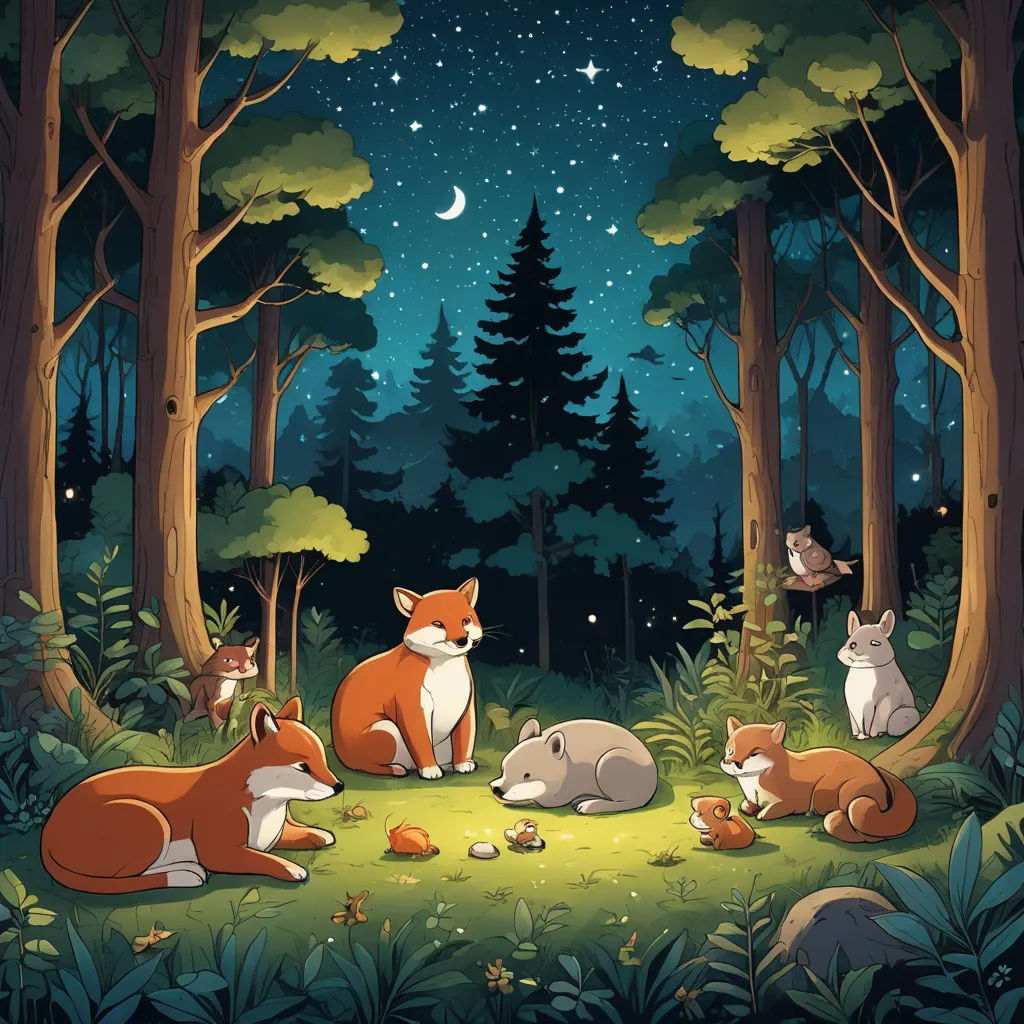 a forest with many animals and a night sky with stars and moon above them and a forest with many animals and a forest with stars and moon, furry art, a storybook illustration, Dan Mumford, storybook illustration
