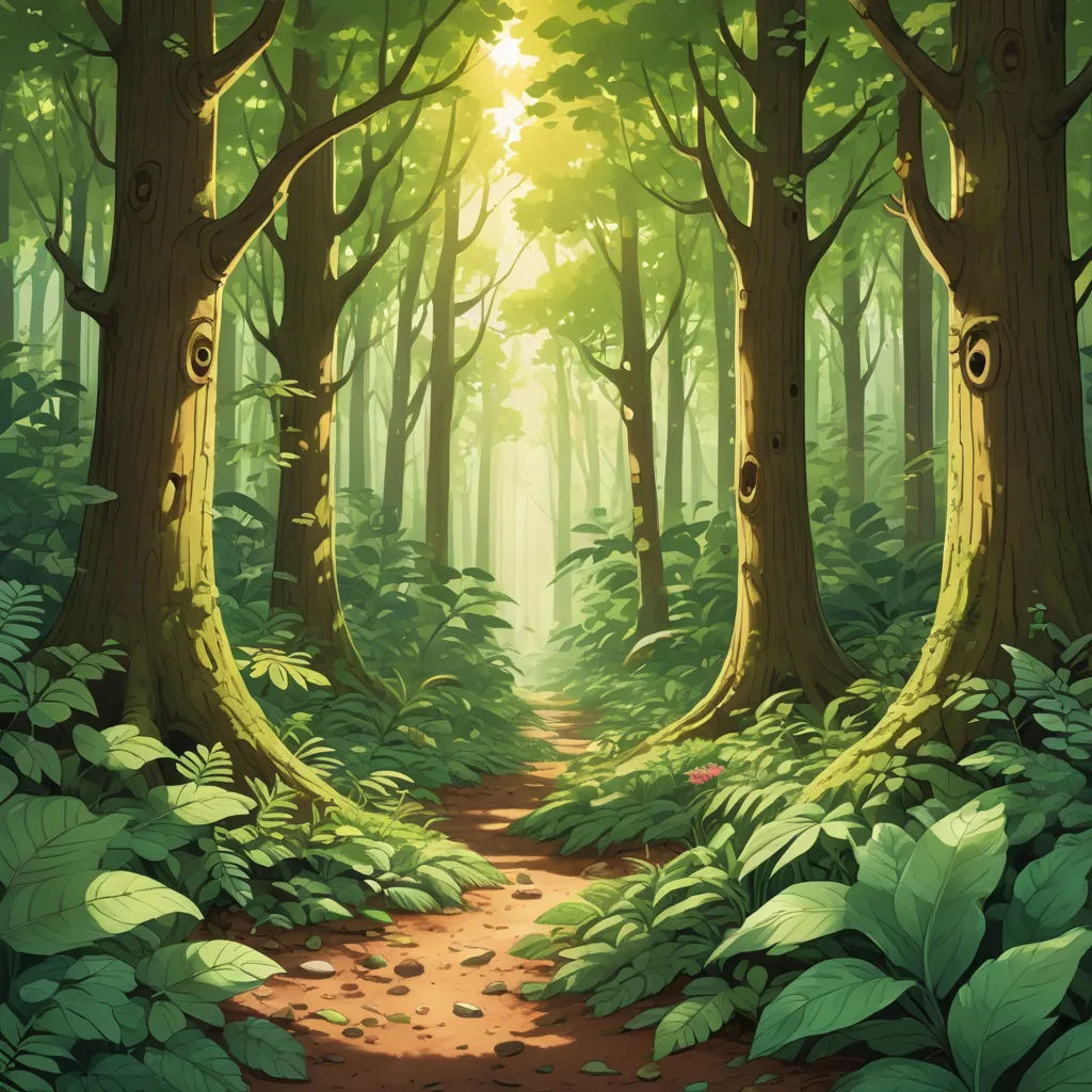 a painting of a forest with a path leading to the sun through the trees and leaves on the ground, fantasy art, a detailed matte painting, Andreas Rocha, forest