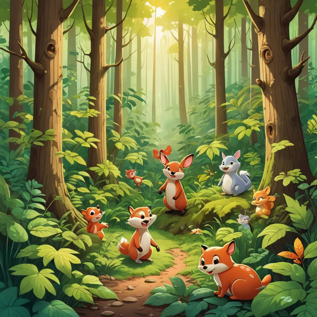 a forest with many animals in it and a sun shining through the trees above them, and a path leading to the forest, furry art, a storybook illustration, Chris LaBrooy, official art