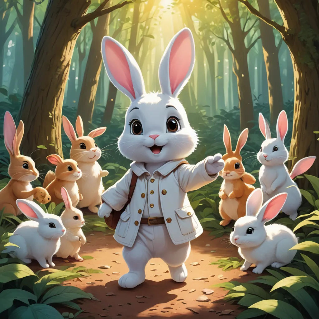 a rabbit in a suit standing in a forest with many rabbits around him and a man in a suit pointing at the camera, altermodern, a storybook illustration, Chris LaBrooy, rossdraws global illumination