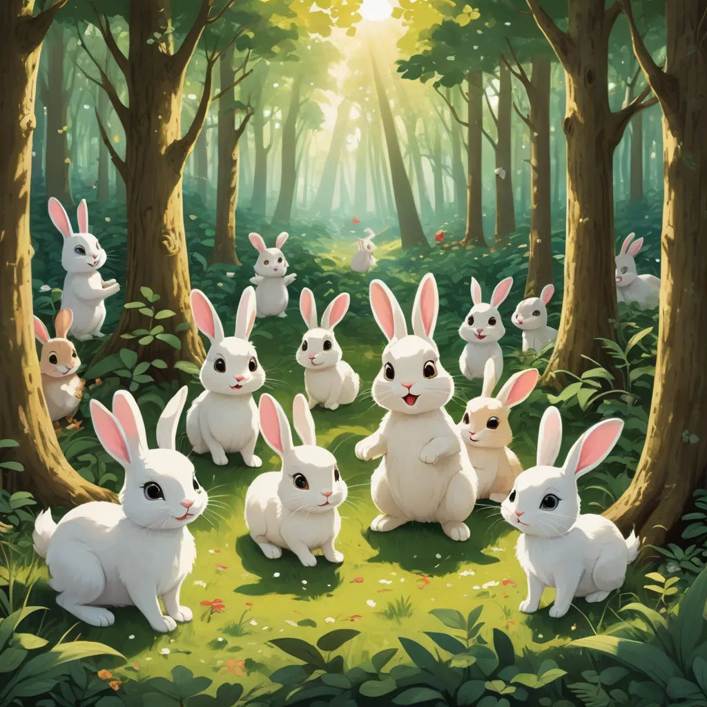 a group of rabbits sitting in the middle of a forest with trees and grass in the background, with a sun shining through the trees, furry art, a storybook illustration, Chris LaBrooy, rossdraws global illumination
