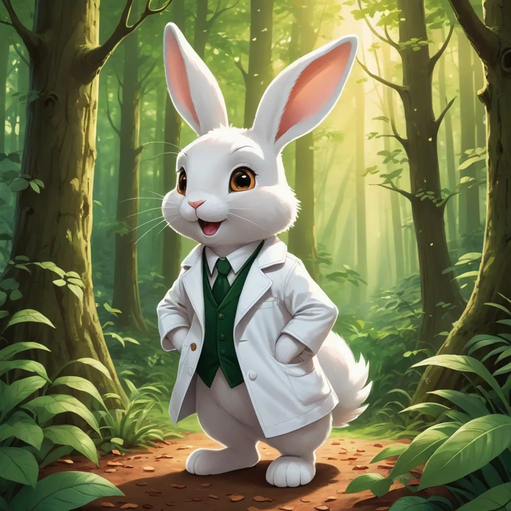 a rabbit dressed in a suit and tie in a forest with a light shining through the trees and leaves, altermodern, a character portrait, Dr. Atl, official art