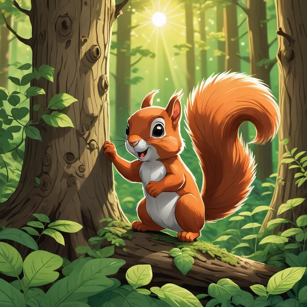 a squirrel standing on a log in a forest with a sun shining through the trees behind it and a forest floor with green leaves, furry art, a storybook illustration, Chris LaBrooy, 2 d game art